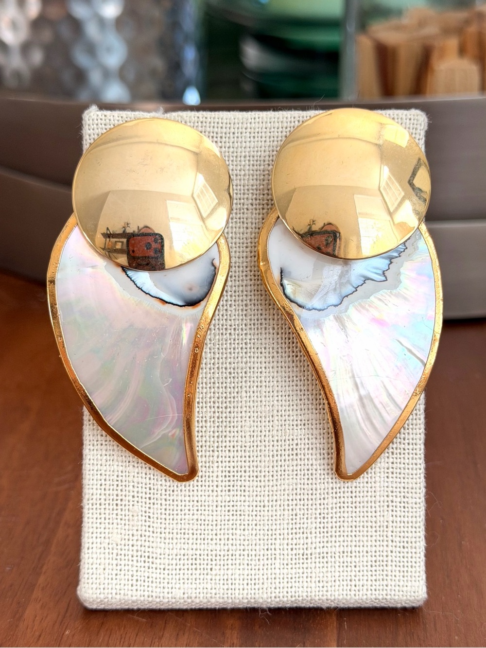 Vintage Artisan Mother of Pearl Gold Tone Pierced Statement Earrings
